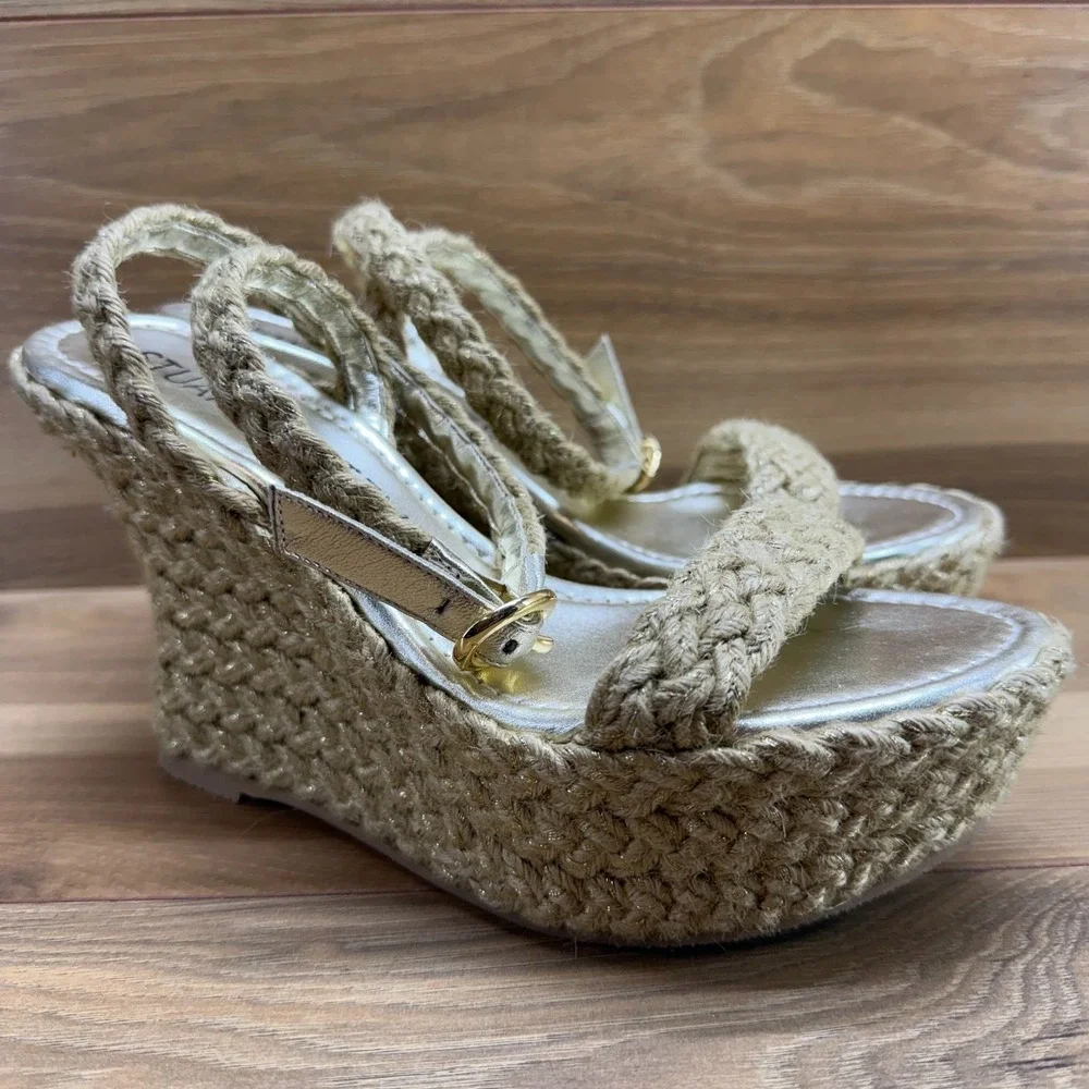 Stuart Weitzman Braida Wedge Heels 7 B Natural Jute Ankle Strap Platform - Picture 2 of 10